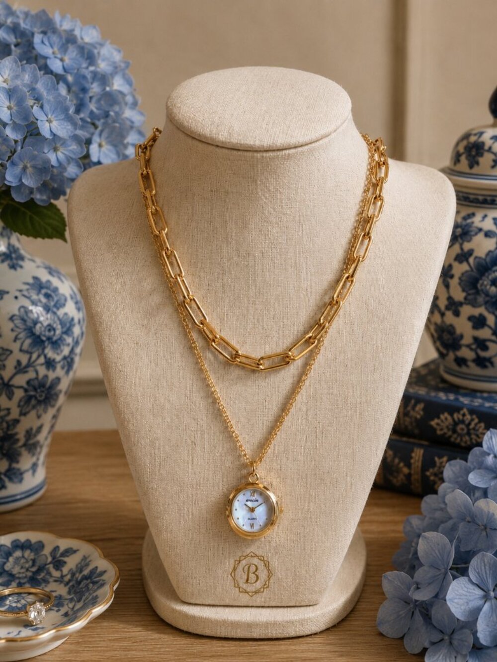 Gold Pendant Watch Necklace, Layered Paperclip Chain Jewelry, Vintage Inspired T
